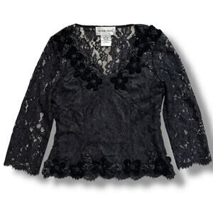Victor Costa Black Lace Floral Appliqué Long Sleeve Blouse Top Size 8